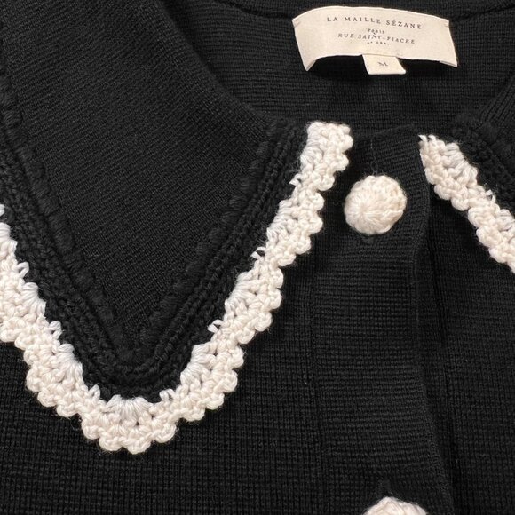 Sezane Bettany Cardigan Jacket Merino Wool in Black & Ecru Size Medium - Picture 7 of 12